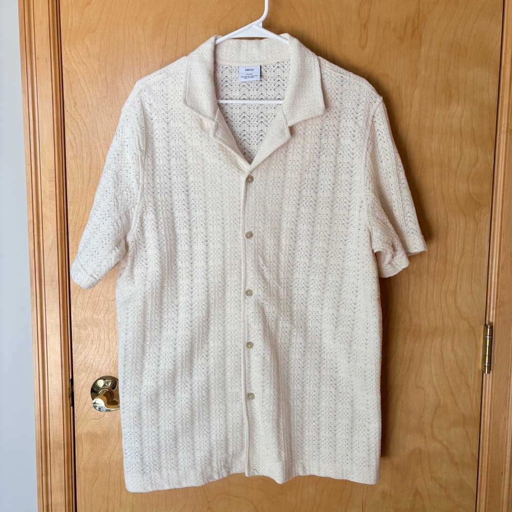 Mango MNG Knit Polo Shirt Mens XXL Cream Crochet Button Up Short Sleeve Regular